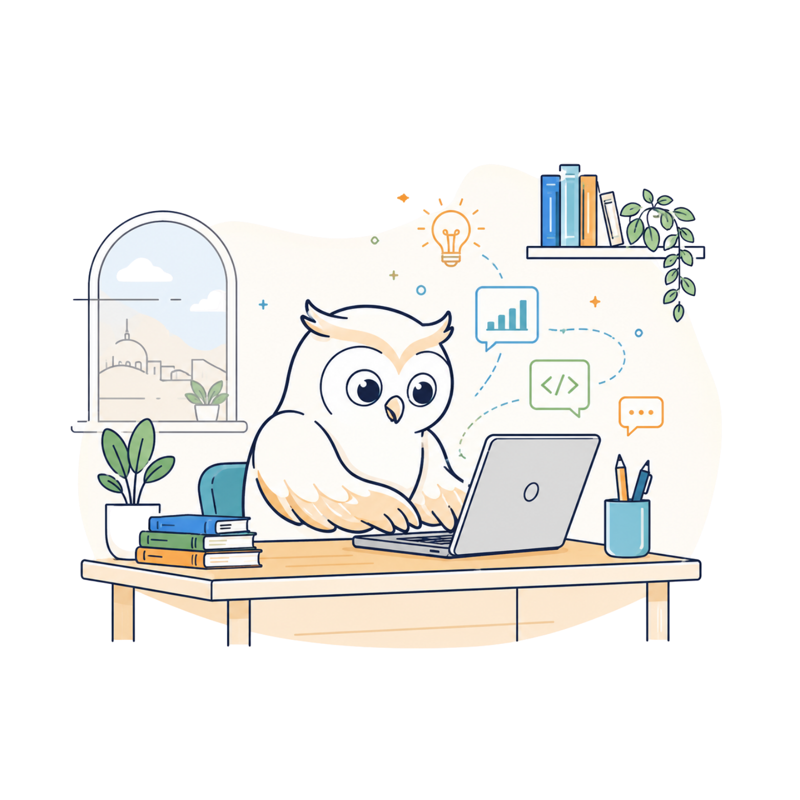Orange owl typing on a laptop
